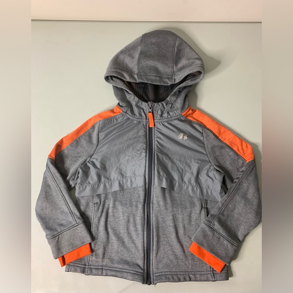 Russell athletic zip up Grey and orange dri-power 360 fleece lined boys jacket